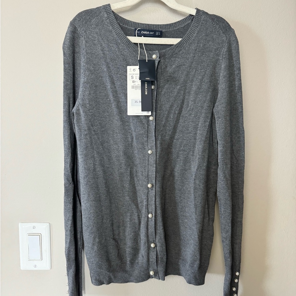 NWT Zara Faux Pearl Cardigan Gray Size S